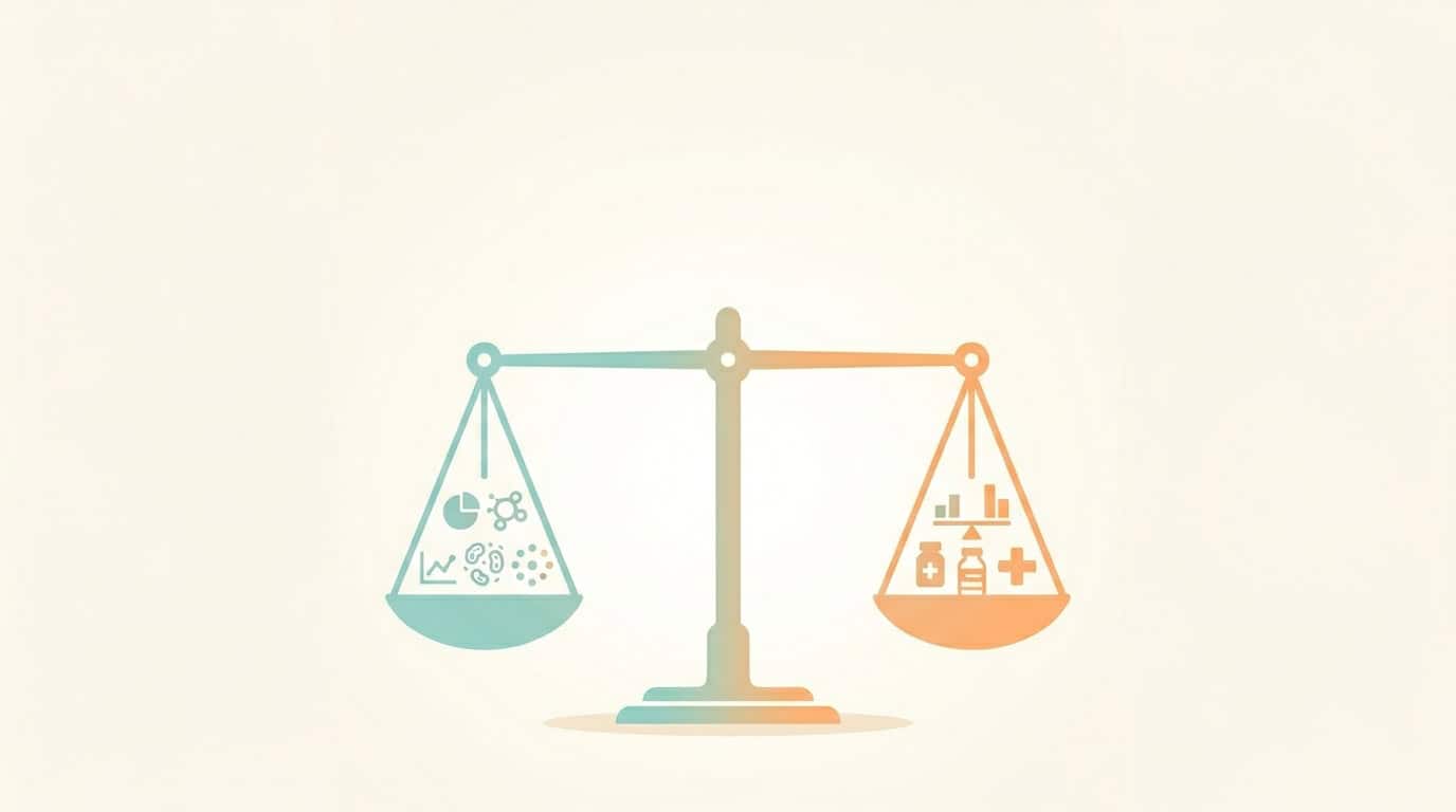 Minimalistisk medicinsk illustration af en balancevægt med datasymboler, der repræsenterer risikovurdering og proportioner ved medicinsk vægttab