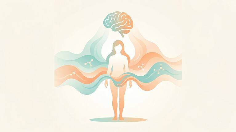 Minimalistisk illustration af hormonelle forandringer i overgangsalderen — abstrakte bølger i teal og orange omkring en stiliseret silhuet