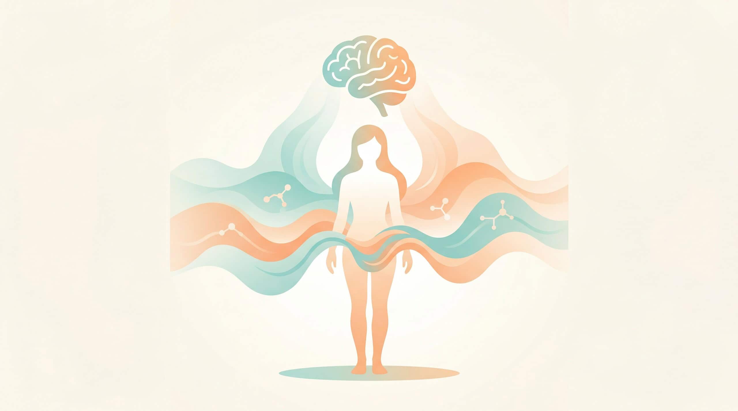 Minimalistisk illustration af hormonelle forandringer i overgangsalderen — abstrakte bølger i teal og orange omkring en stiliseret silhuet